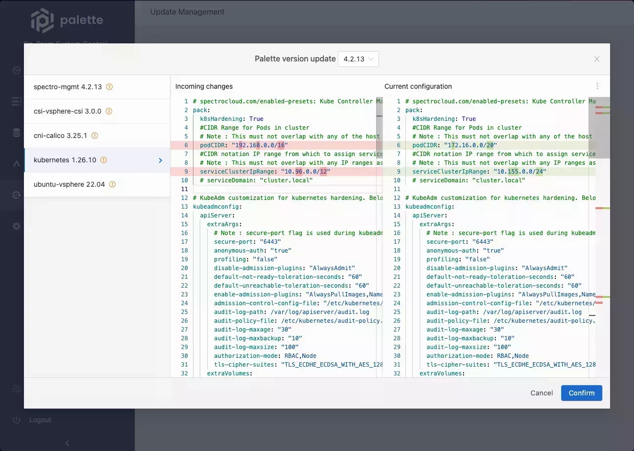 Self-hosted Palette VerteX system console with the upgrade preview pane.